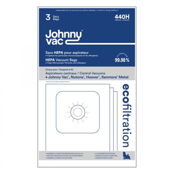 Sac microfiltre HEPA pour aspirateurs central Johnny Vac, Rhinovac, Nutone, Hoover, Kenmore et bien d'autres marques